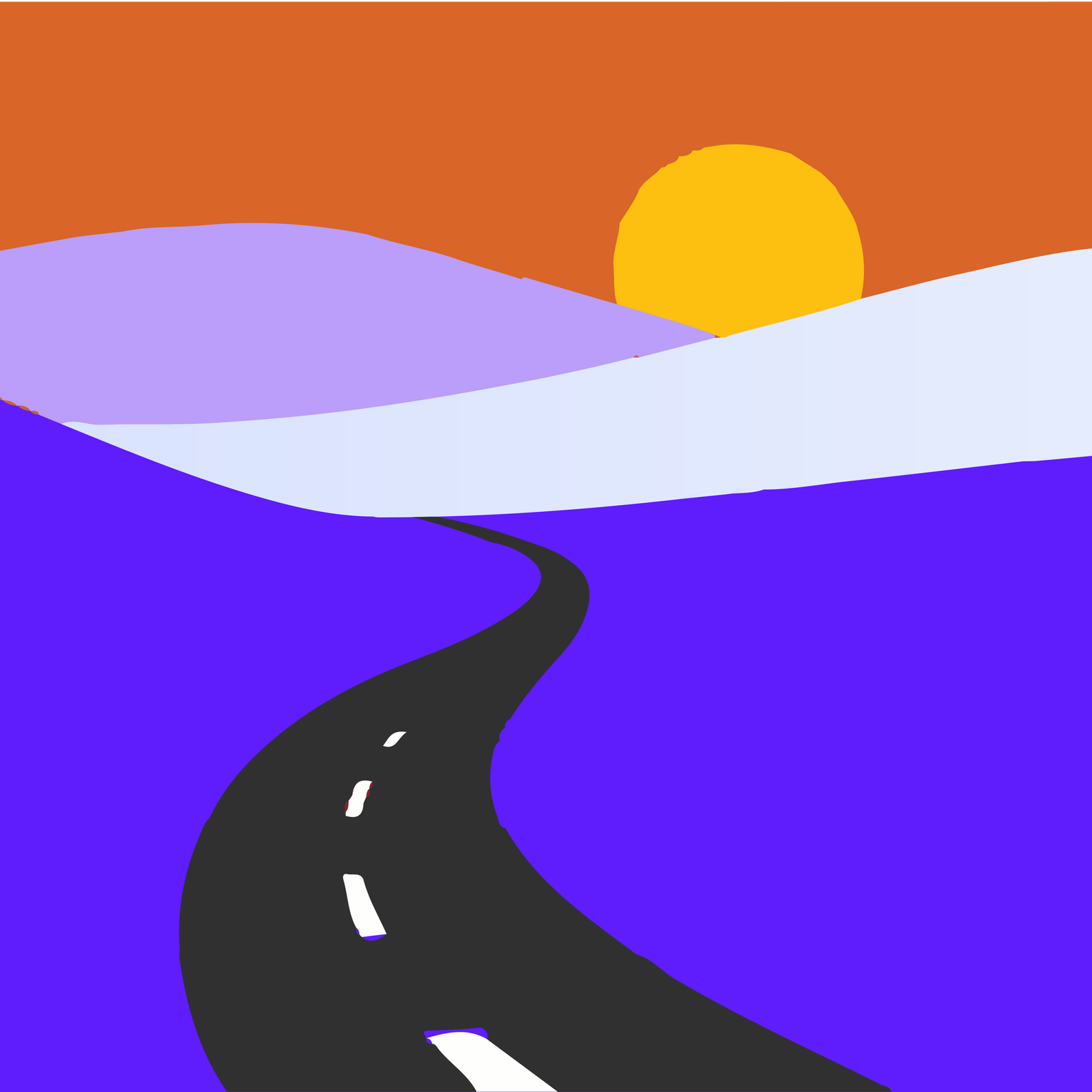A road winding through hills toward the sunset